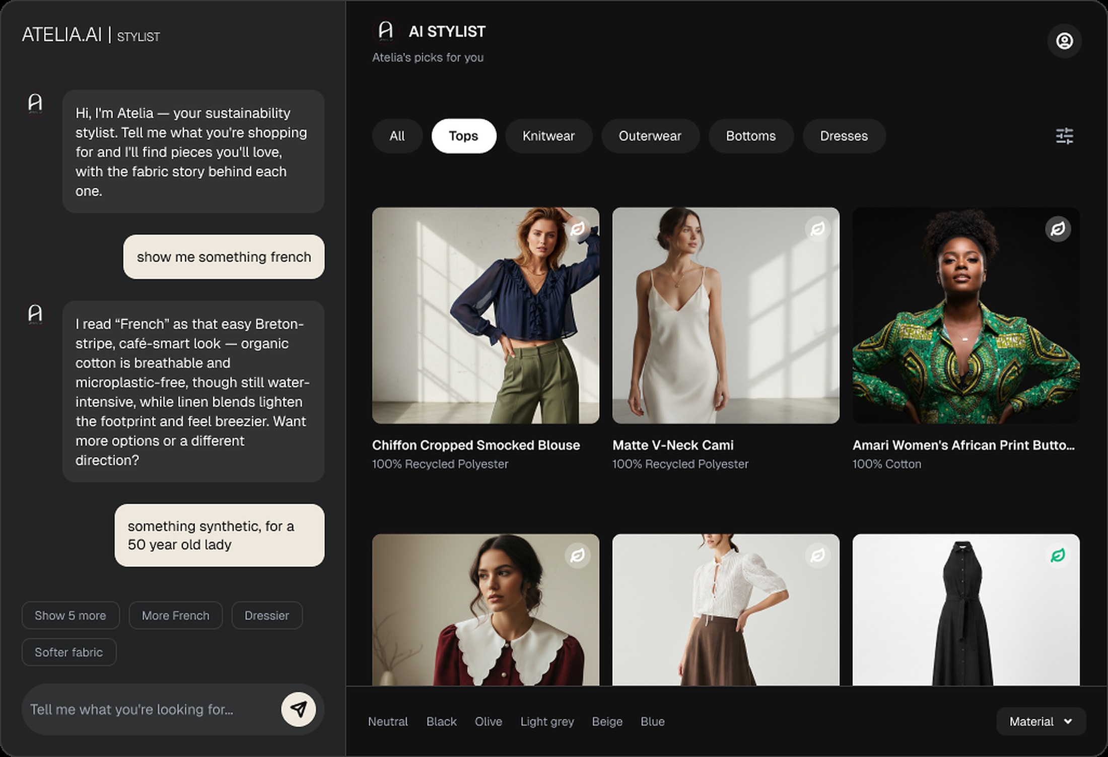 Atelia AI stylist. A shopper asks in natural language and Atelia replies with material reasoning, then shows curated product picks, each labelled with its fabric composition.