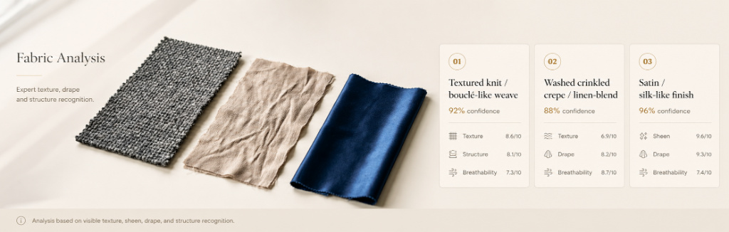 Atelia fabric analysis. Texture, drape, and structure recognition across three fabric samples.