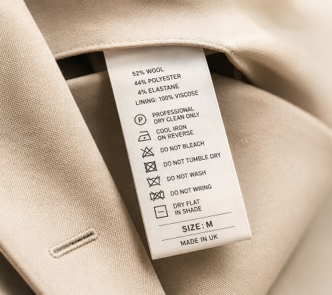 Care label showing fabric composition and care symbols