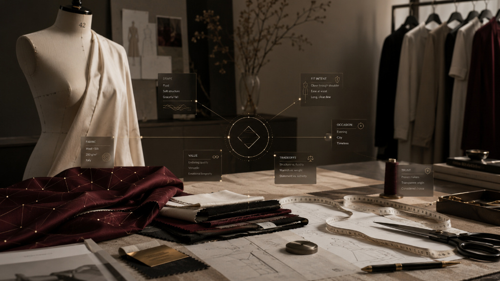 Atelia in motion. Garment construction read across drape, fabric, value, tradeoffs, fit, occasion, and trust.
