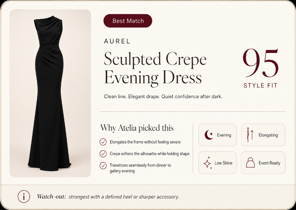 AUREL Sculpted Crepe Evening Dress. Style fit 95. Best match.