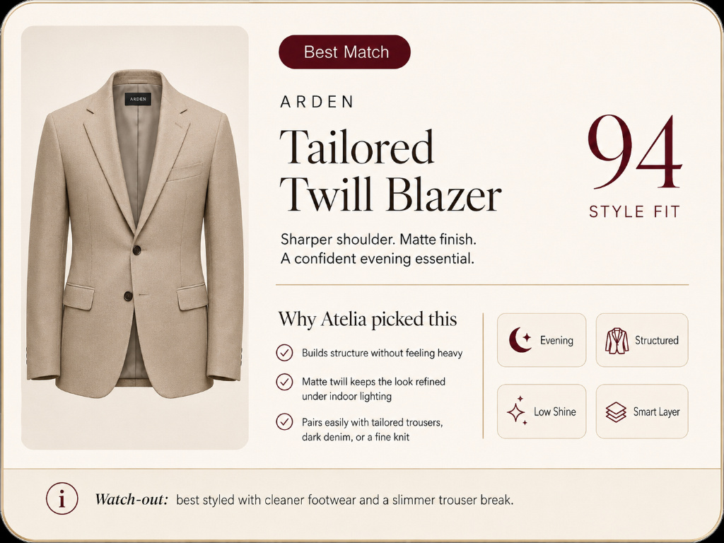 Example Atelia recommendation: Arden Tailored Twill Blazer, style fit 94, best match.