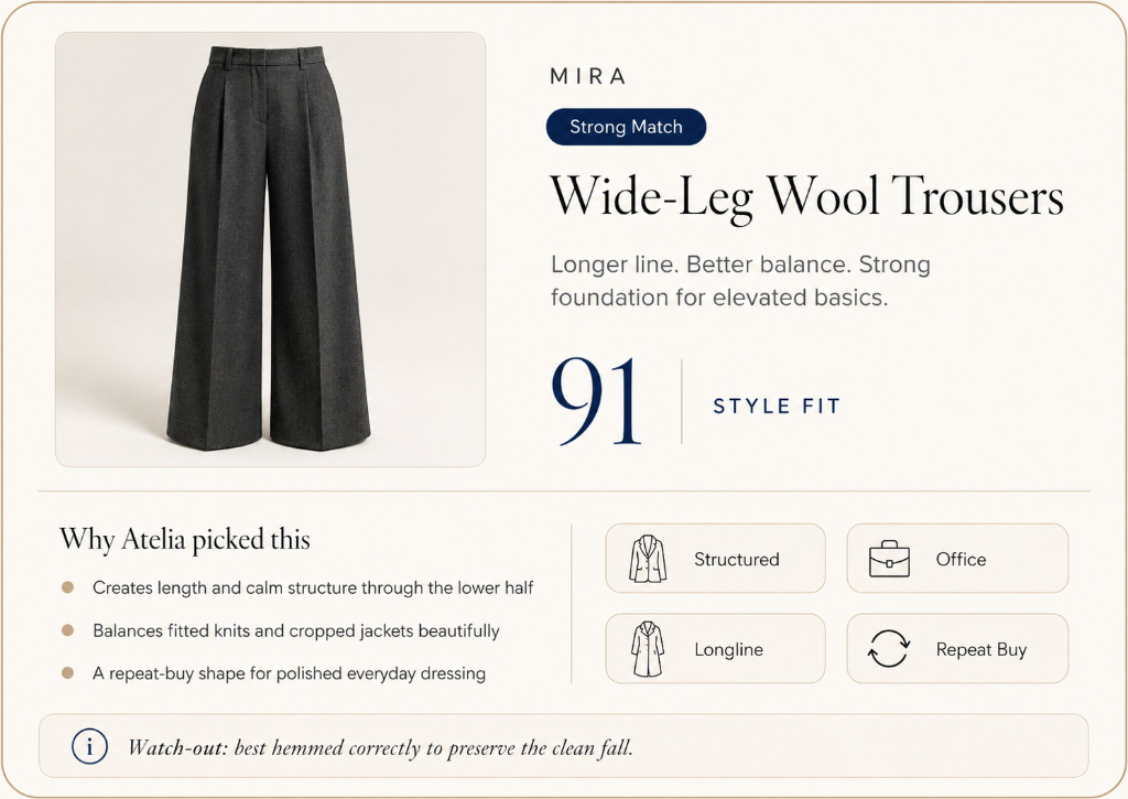 MIRA Wide Leg Wool Trousers. Style fit 91. Strong match.