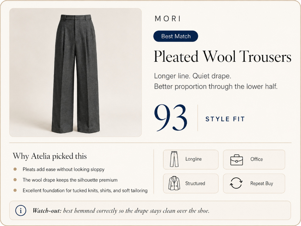 MORI Pleated Wool Trousers. Style fit 93. Best match.