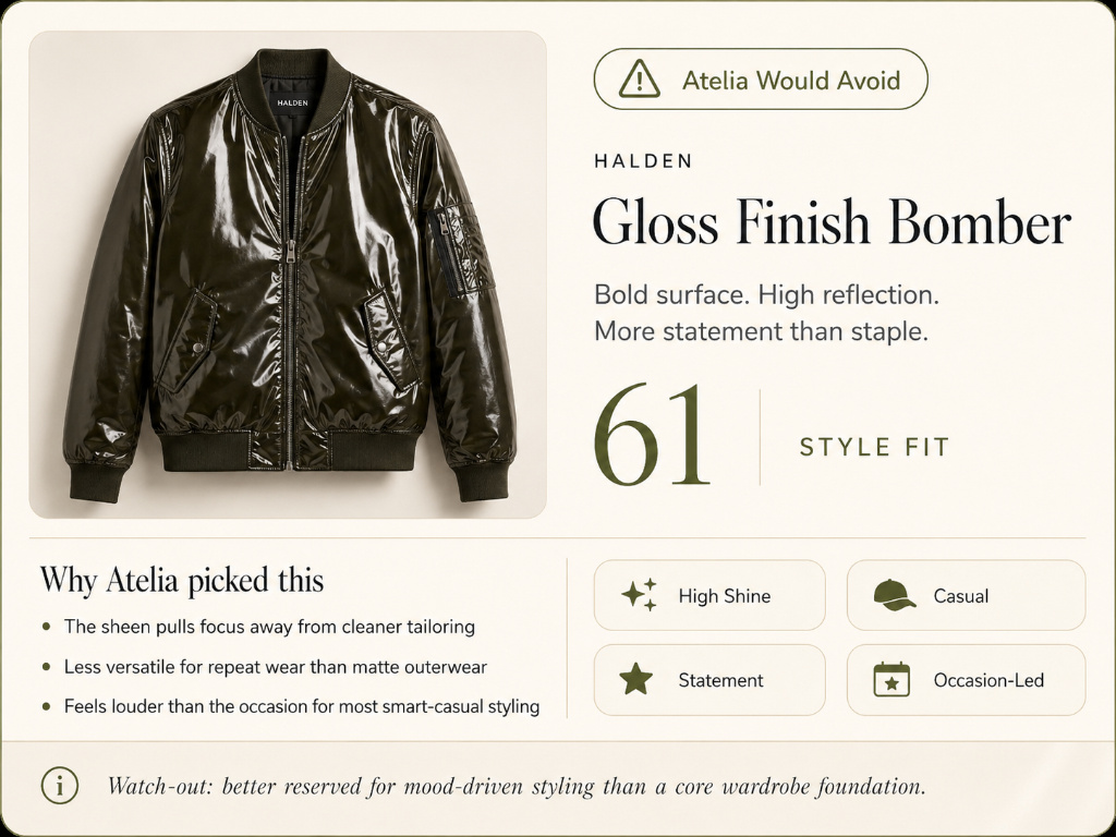 HALDEN Gloss Finish Bomber. Style fit 61. Atelia would avoid.