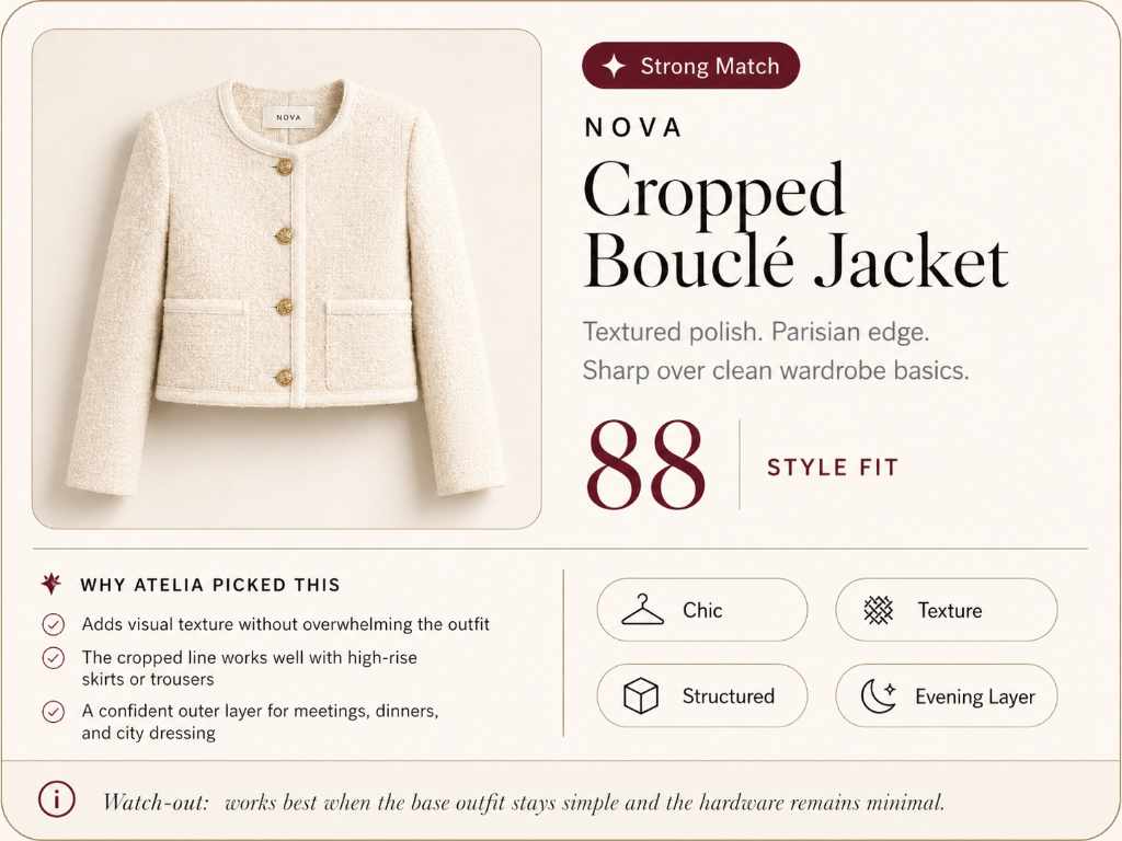 NOVA Cropped Boucle Jacket. Style fit 88. Strong match.